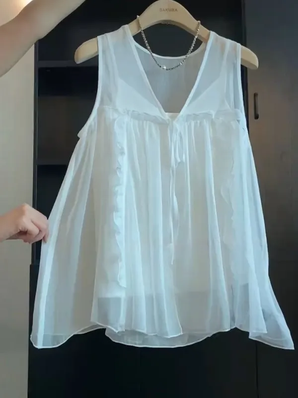

Sweet V-Neck Ruffle Sleeveless Shirt Women Summer Gentle White Loose Slimming Doll Top French Style Loose Fit Mid-Length