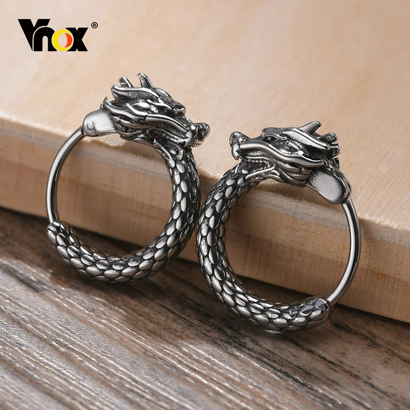 Vnox Retro Dragon Head Huggie, Vintage Stainless Steel Men Hoop Earrings, Cool Tranditinal Chinese Lucky Almut Boy Jewelry