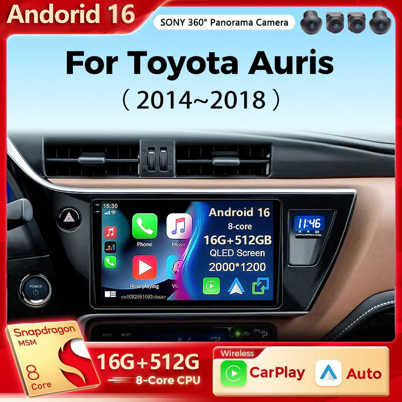 Radio para Auto Android 16 para Toyota Corolla Auris 2017 2018, Carplay Inalámbrico, Android Auto, Reproductor Multimedia Estéreo para Auto, 4G Wifi, 2 Din