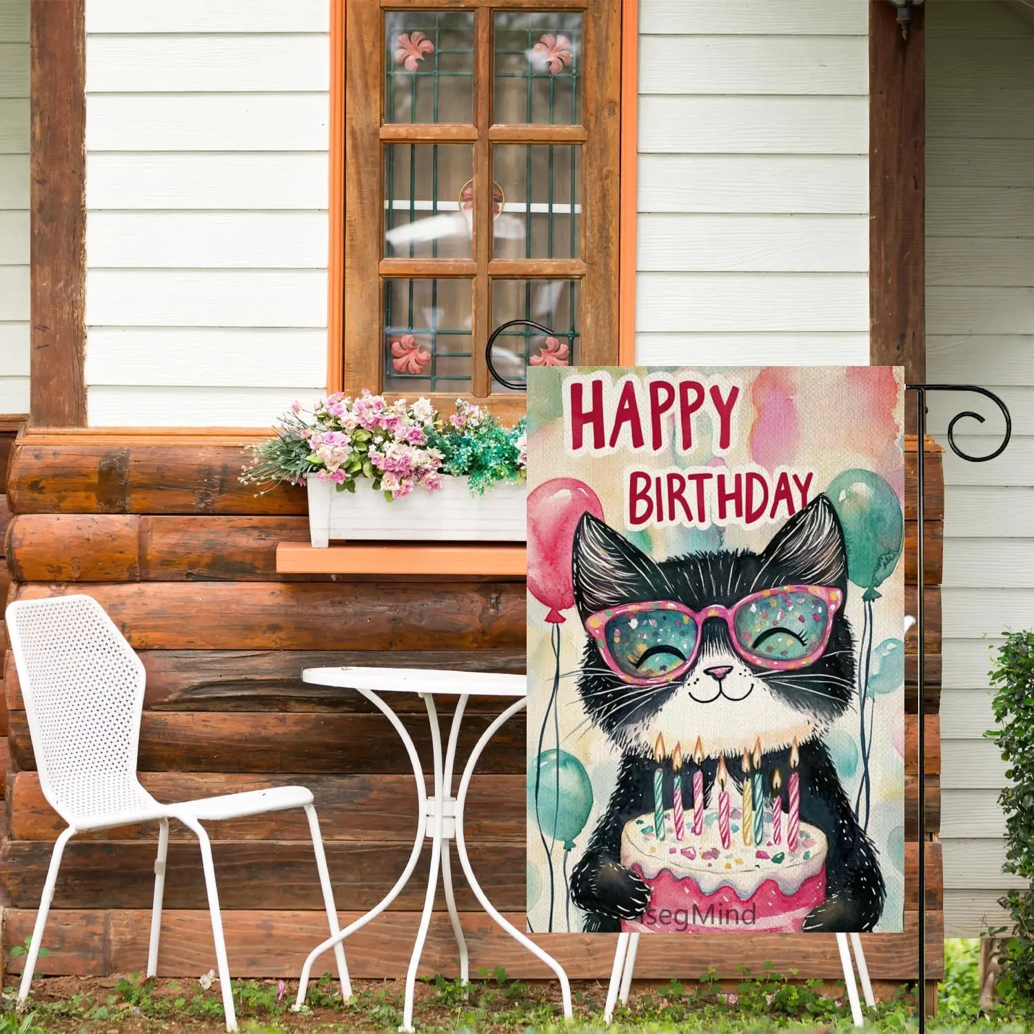 Happy Birthday Garden Flag Tuxedo Cat Garden Flag 12x18 Double Sided Linen, Colorful Balloon Cake Toppers Banner Farmhouse B jjp view 5