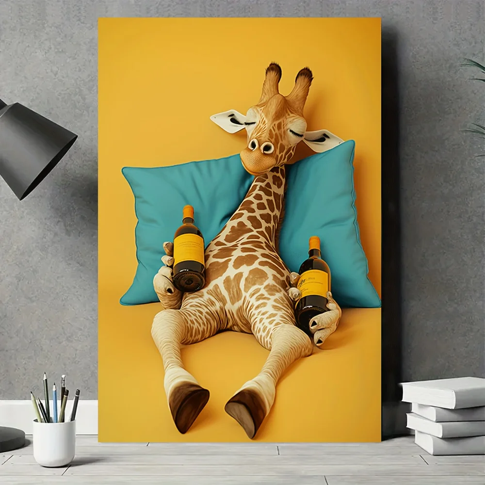 (No frame)2D Flat, 2d Flat[Vibrant Appeal]Whimsical Giraffe Canvas Art- Frameless Wall Decoration Featuring Playful Blue Pill