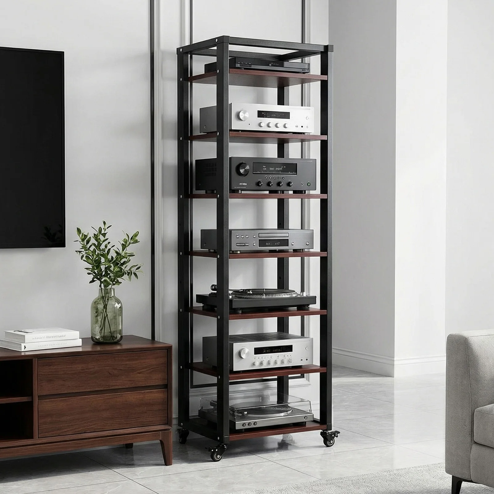 Audio Cabinet Rack Tower Height Adjustable Shelves Stereo Cabinet Shelf Rack Tower with Wheels for Home Conference Room Studio