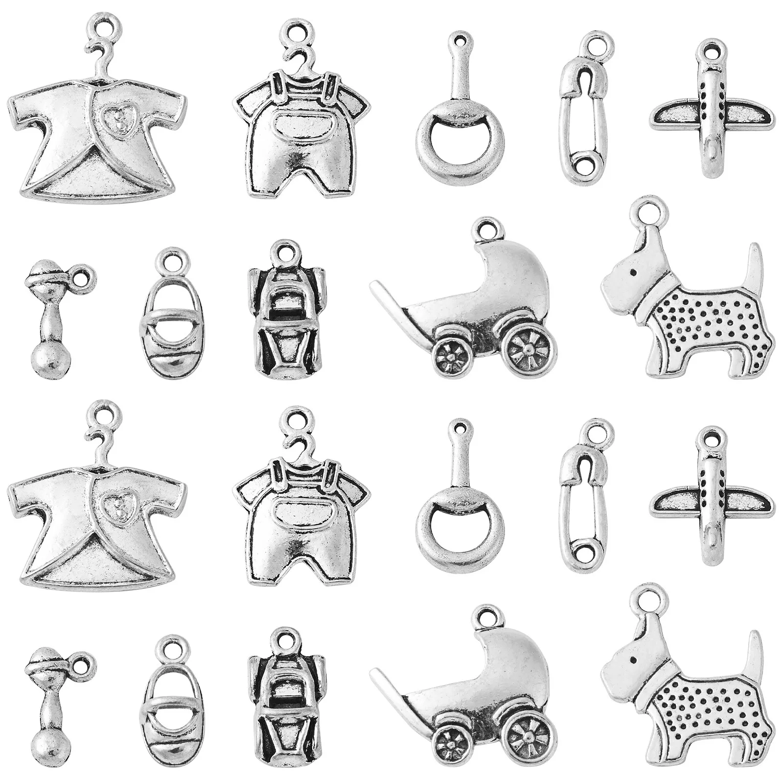 100Pcs 10 Styles Tibetan Style Baby Birth Charms Antique Silver Baby Carriage Clothees Charms for Christening Gifts Jewelry Make