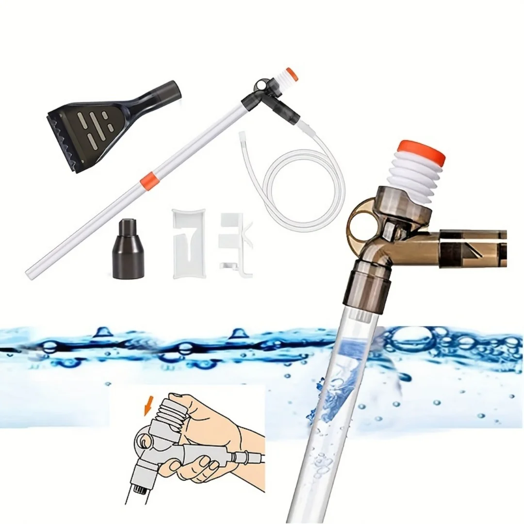 Limpador de cascalho de aquário 5 em 1, trocador de água com botão de pressão de ar, braçadeira ajustável, controlador de fluxo de água, limpeza de areia de cascalho