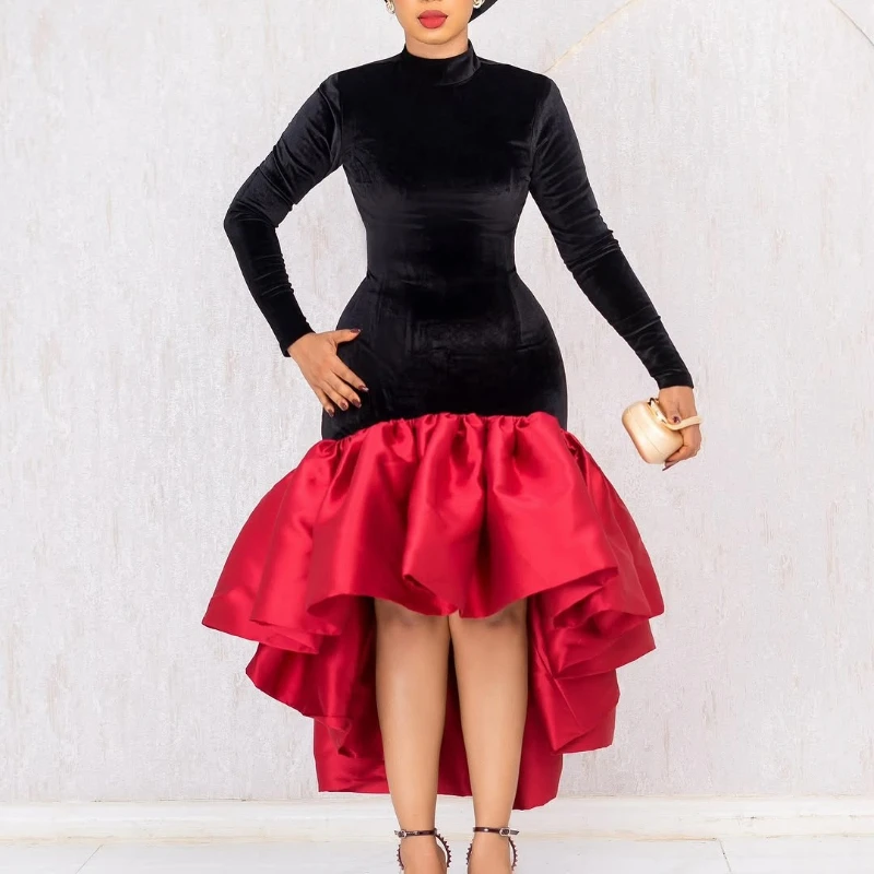 Elegant Velvet Patchwork Mermaid Dress Women Half High Collar Long Sleeve Autumn Winter Evening Christmas Cocktail Party Gown