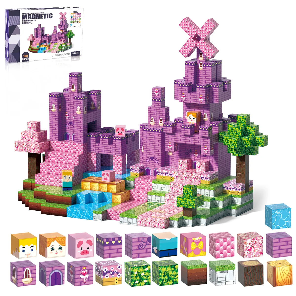 

Purple Castle Magnetic Cube Building Blocks Stacking Construction Set Educate Sensory Toys Kids Boys Girls Ages 3+ DIY Model
