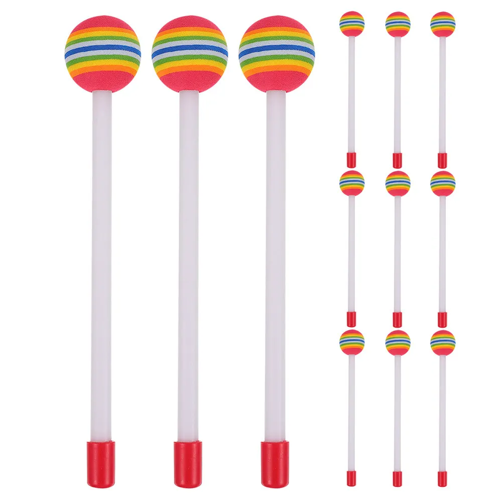 12 palillos de percusión con mangos de plástico coloridos, cabezales de espuma suave, instrumentos musicales de aprendizaje, palillos de arcoíris