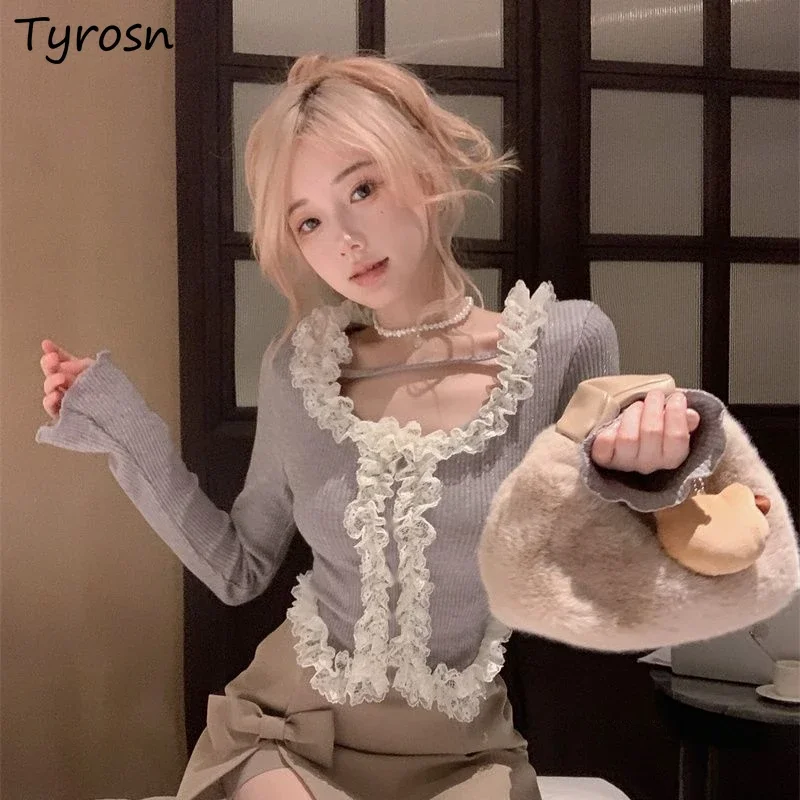 Camisetas térmicas para mujer, primavera Otoño, manga acampanada, encaje empalmado, dulce especia, Tops cortos ajustados de punto, elegante y suave para oficina