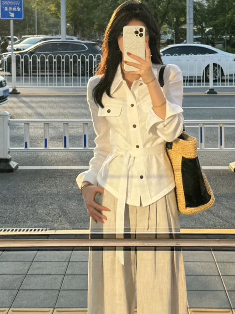 

Элегантная женская блузка с длинным рукавом и воротником, с поясом на талии, белая, средней длины, в повседневном стиле, весенняя мода