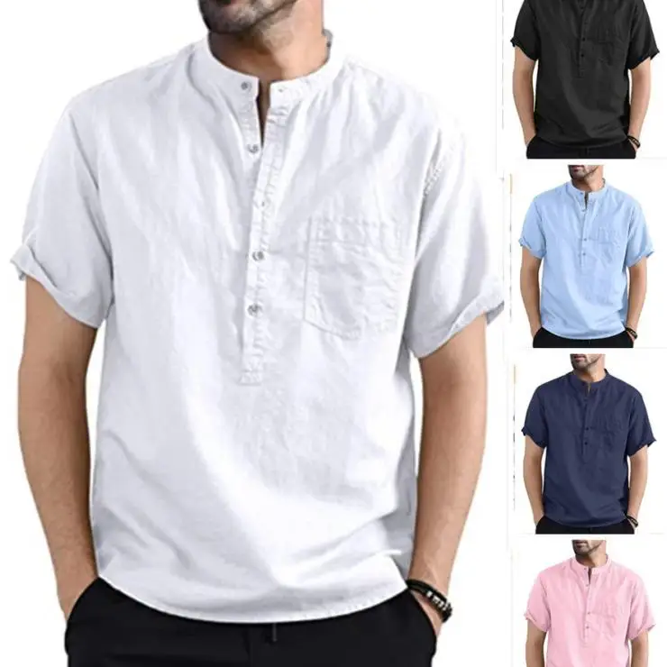 

Men's Cotton Linen irt with ket ort Sve Street Sle Casual Faionable And Durable Summer Inner Wear Pure Color