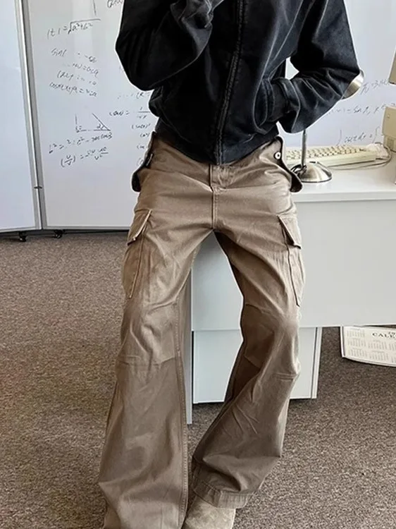 

Rustic Straight Leg Workwear Pants Men's Casual Cargo Pants Vintage American Sle Spring Autumn Middle Waist Zipper ket