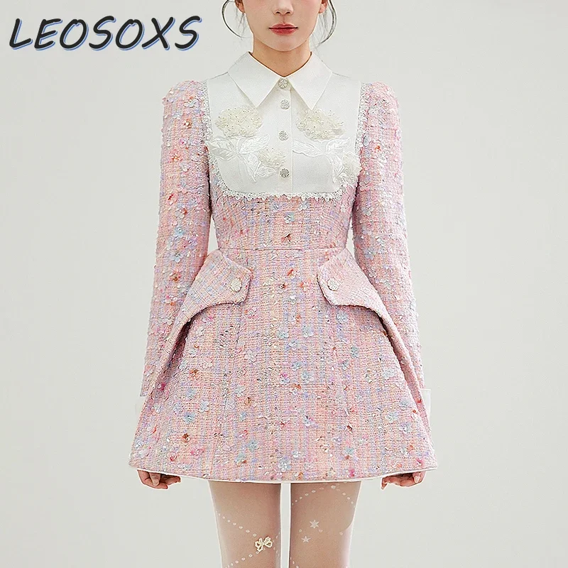 LEOSOXS Designer Romantic Tweed Dress Women Autumn Winter New Heavy Industry Bead Design Sweet Pink Flower A-shaped Short Dress