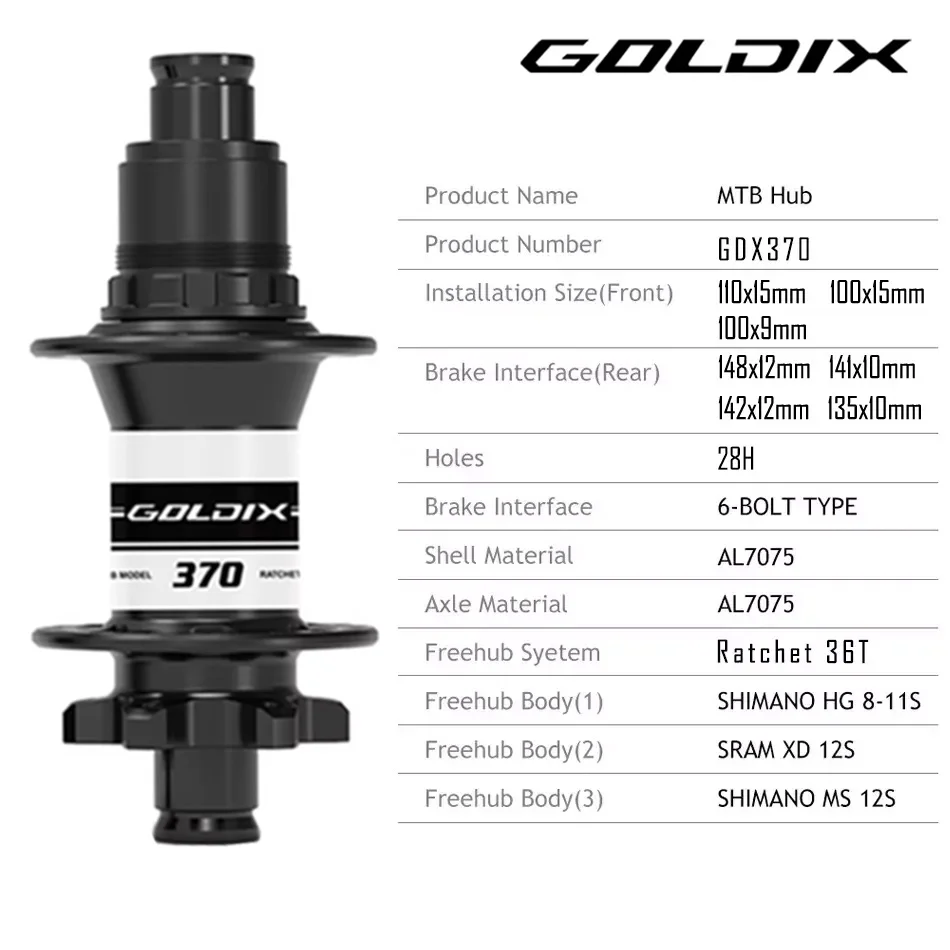GOLDIX M370 28H MTB Bike Hub Sealed Bearing 6-Bolt Disc Brake J-Bend Ratchet 36T BOOST Bicycle Hub for Shimano HG/MS SRAM