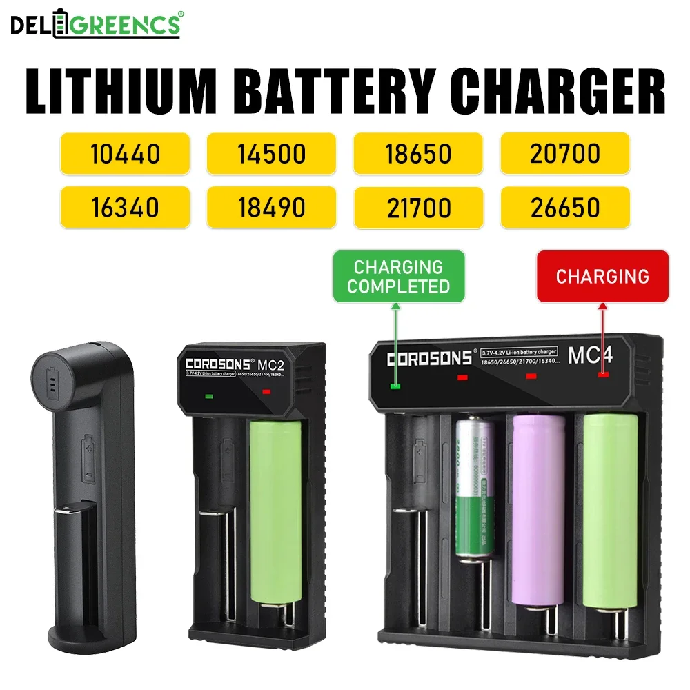 Deligreen شحن مجاني شاحن بطارية ليثيوم وهج مصباح يدوي شاحن ذكي لبطاريات 18650,1450,1044,16340 قابس USB