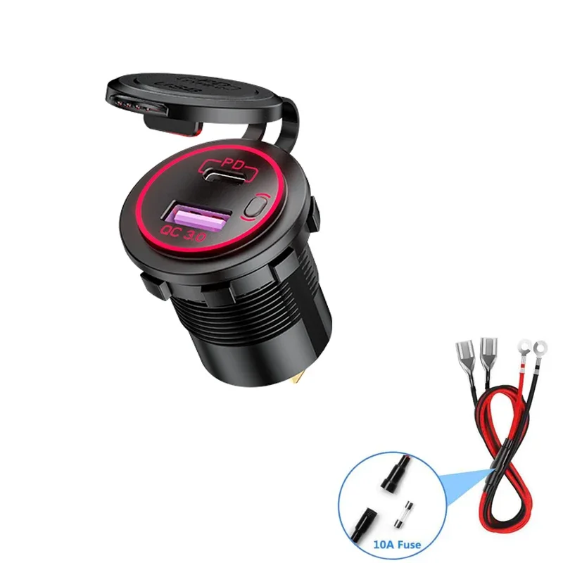 

DIY 12V/24V PD Type C Car Charger ON/OFF Switch QC 3.0 Quick Charger Waterproof 36W Charger Power Delivery with Fuse 60cm Cable