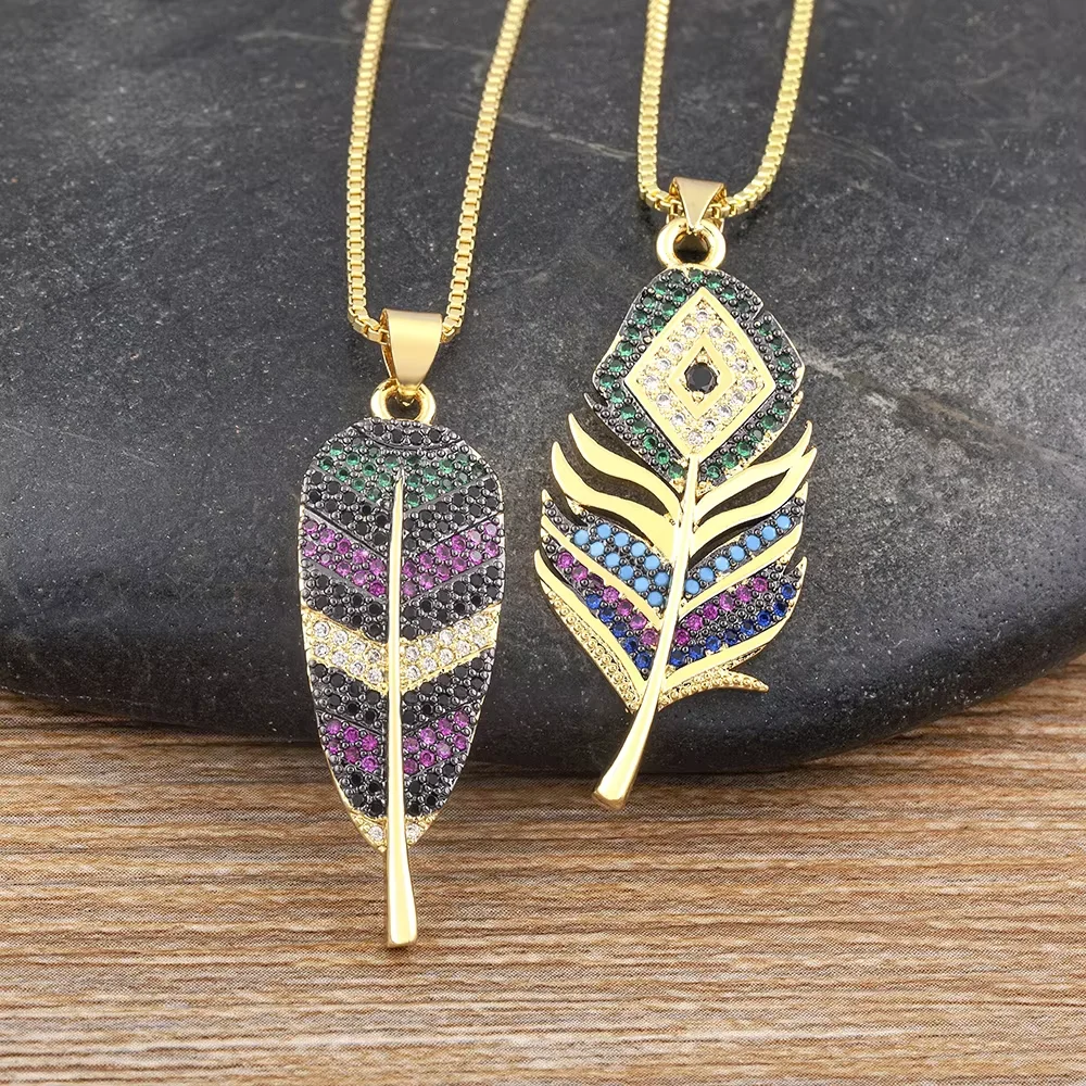 Vintage Plume Shape Necklace Women Multicolour Rhinestone Choker Chain Copper CZ Pendant Anniversary Jewelry Unisex Gift