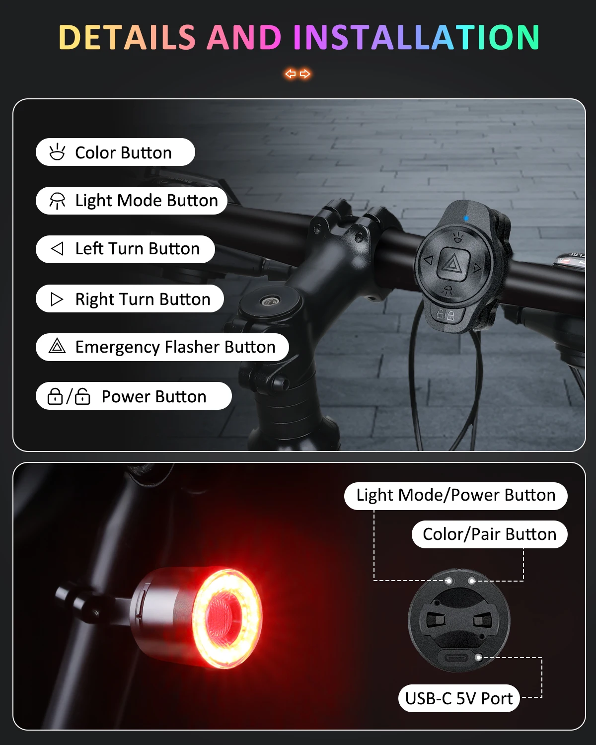 Imagem -06 - Hollarm Bicicleta Smart Brake Tail Light com Sinais de Giro Impermeável Led Rearlamp Mtb Road Bike Auto Sensing Colorido