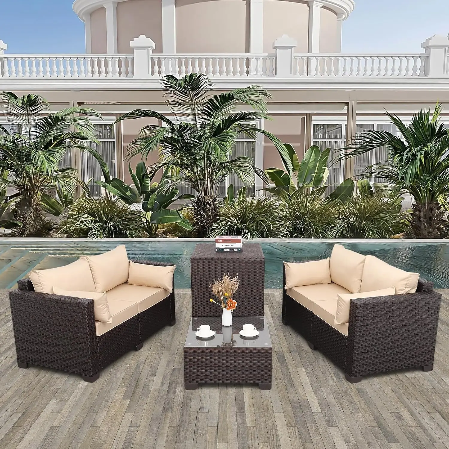 

Patio Conversation Sets 4 Piece Patio Furniture Set Outdoor Furniture Sets Outdoor Loveseat Storage Box Coffee, Customized