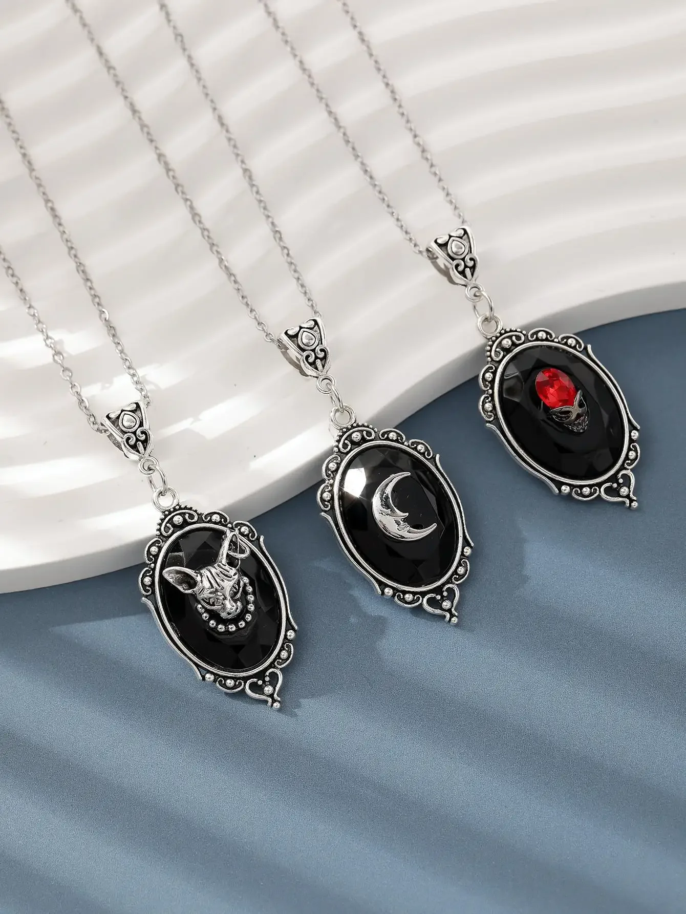 1pair Halloween Earrings with Black Synthetic Gemstone Cat &Moon Decor Pendant Jewelry Necklace