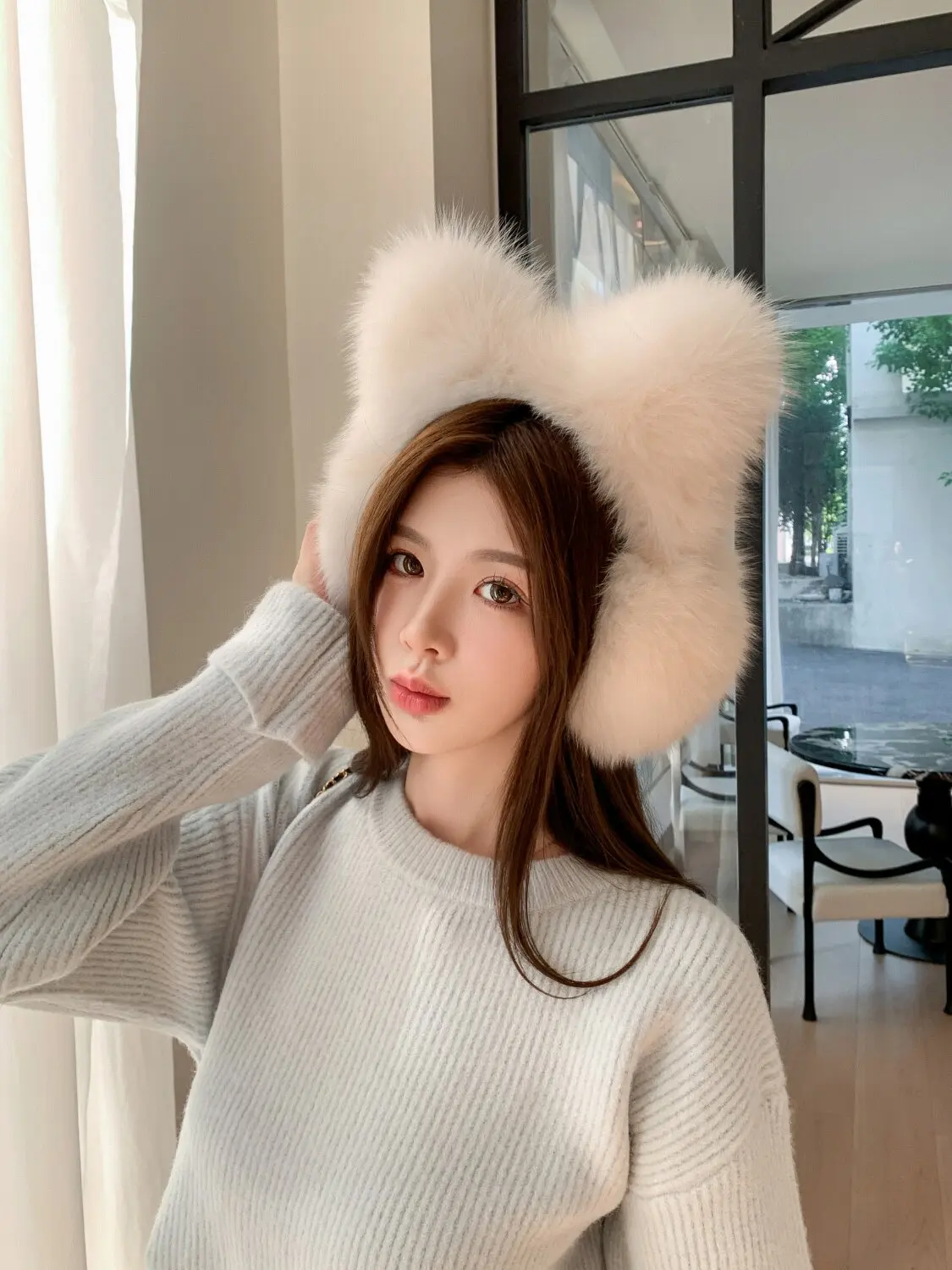 Cute Genuine Fox Fur Ear Warmer Headband Cat Ear Design Casual Style for Girl Outdoor Travel Warm Ear Cover Headband