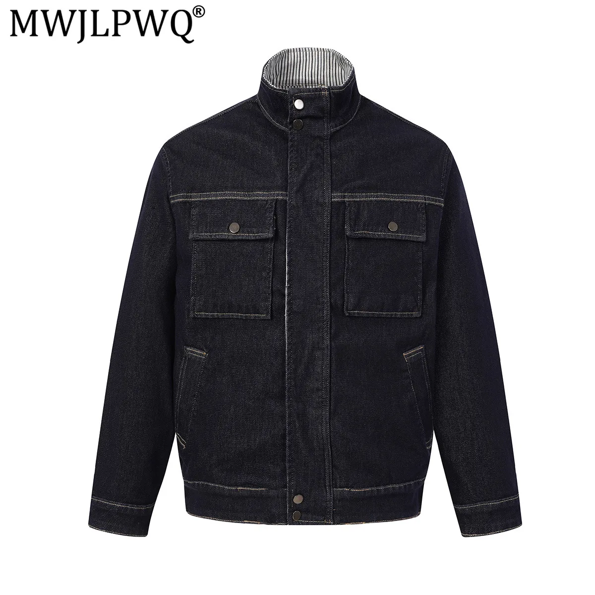 MWJLPWQ Raw Dark Denim Jacket Men Stand Collar Snap Button Work Jacket Unwashed Utility Coat Striped Liner Denim Outerwear 20699