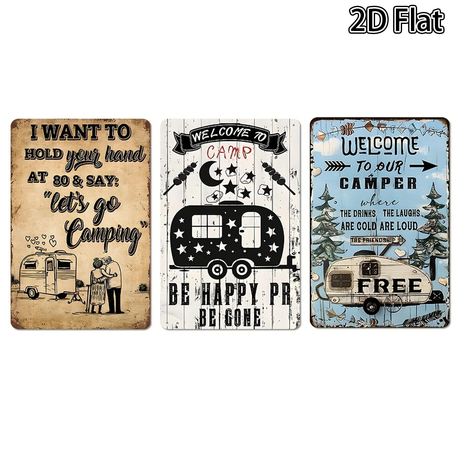 3pcs Vintage Camping Metal Tin Signs Rustic Wall Decor for Home, Camper Room, Or Farmhouse - 8X12 Inch, Camping Decor Plaque
