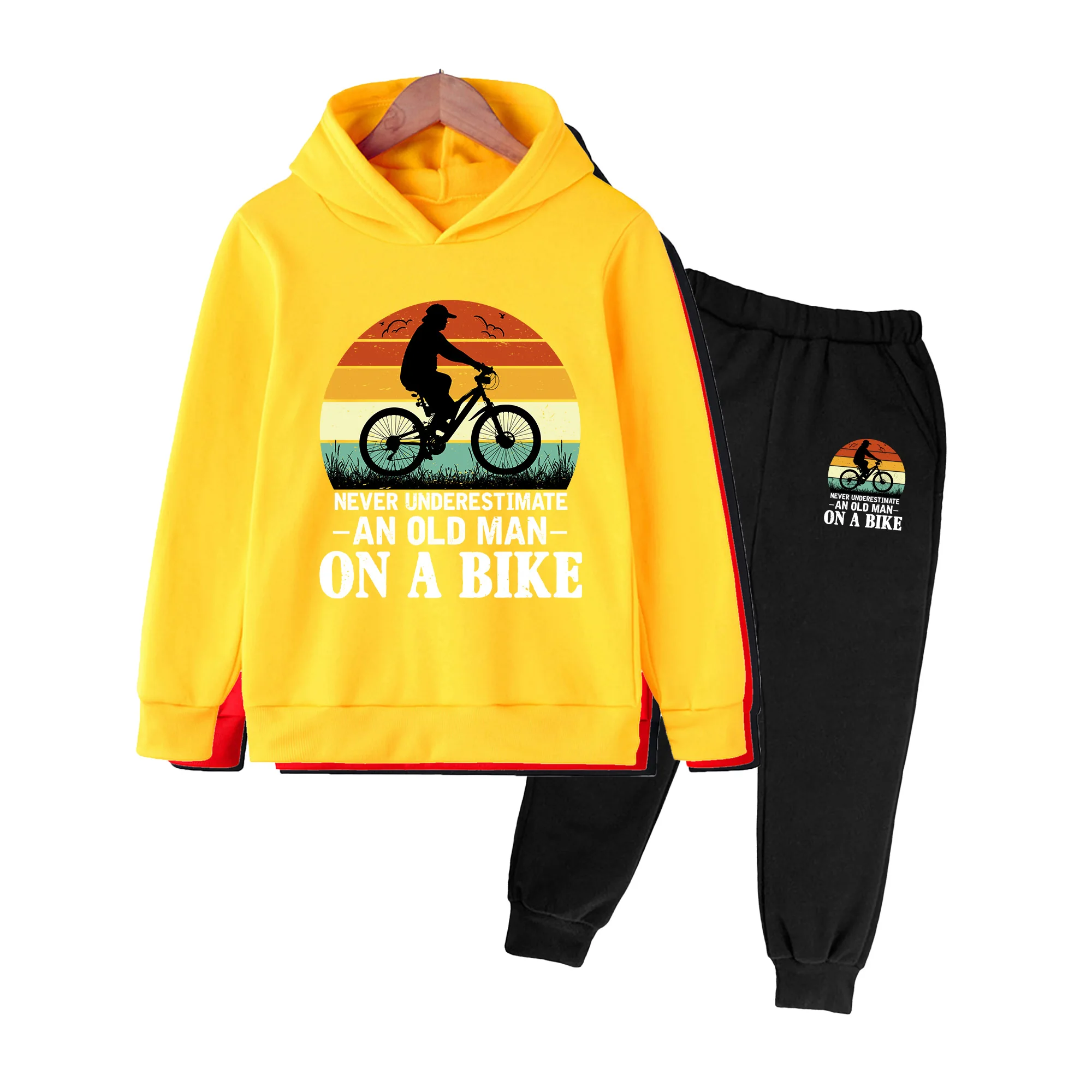 Kids Hoodie and Sweatpants Set, Retro Bicycle Print Long Sleeve Outfit for Boys Girls, Casual Outdoor Sports Wear