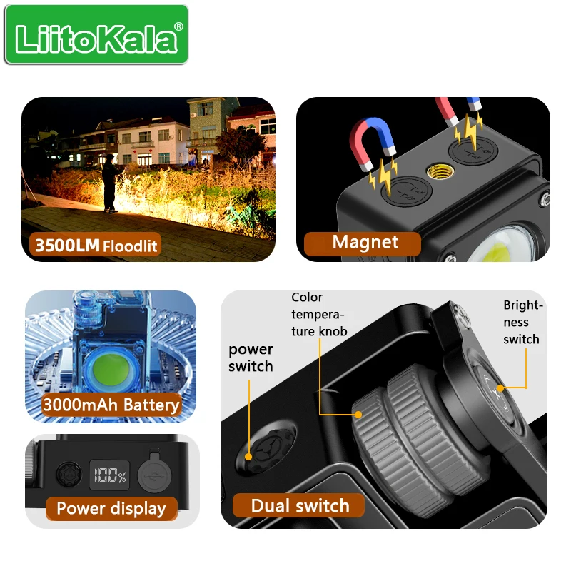 LiitoKala XY-009 3500LM Luce da esterno – Ricaricabile, Impermeabile, Base magnetica, Display digitale, Autonomia 12 ore, Compatta