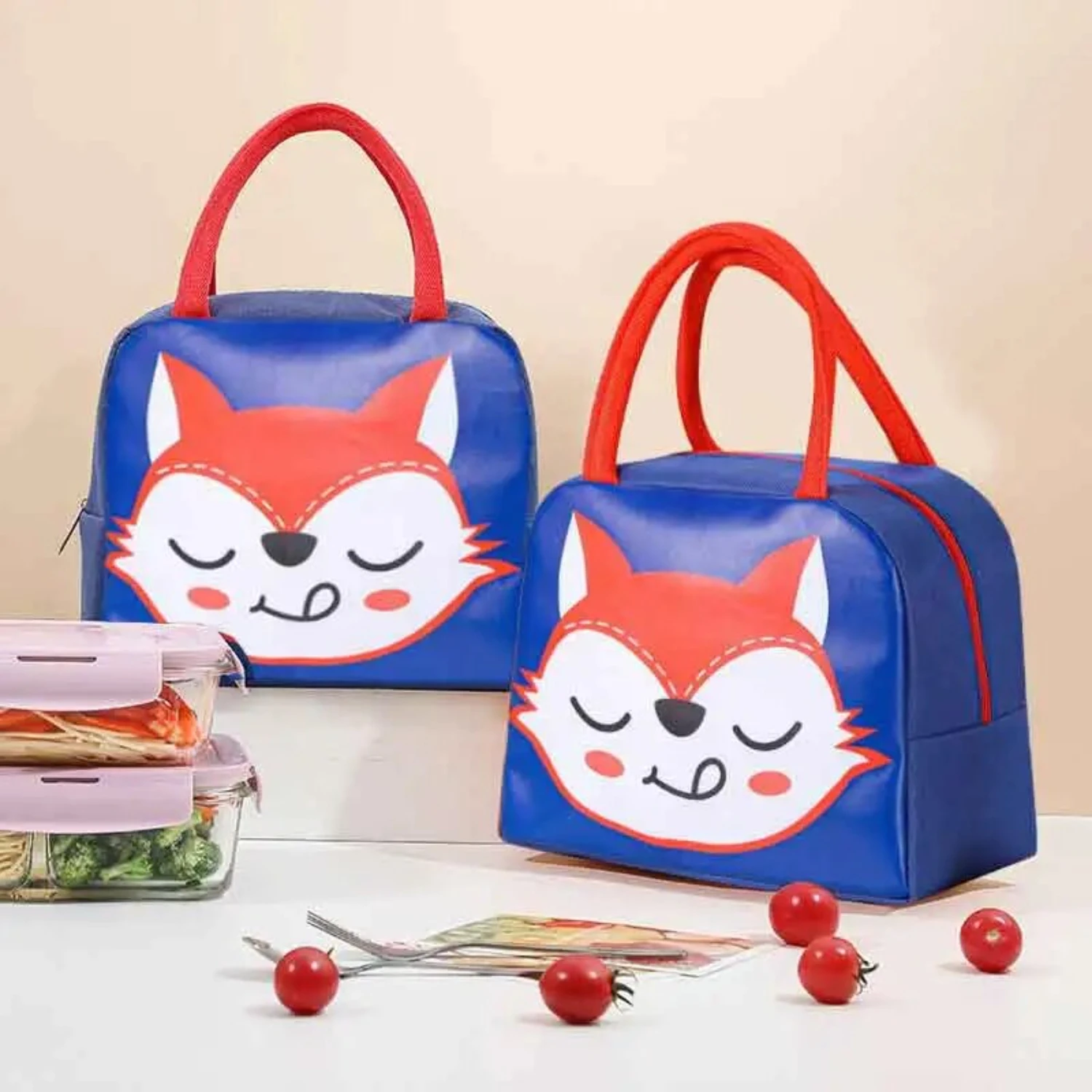 Cute Cartoon Smiling Animal Thermal Insulated Portable Lunch Bag for Picnic Supplies - 1pc Microwave food cover  layer lunch box