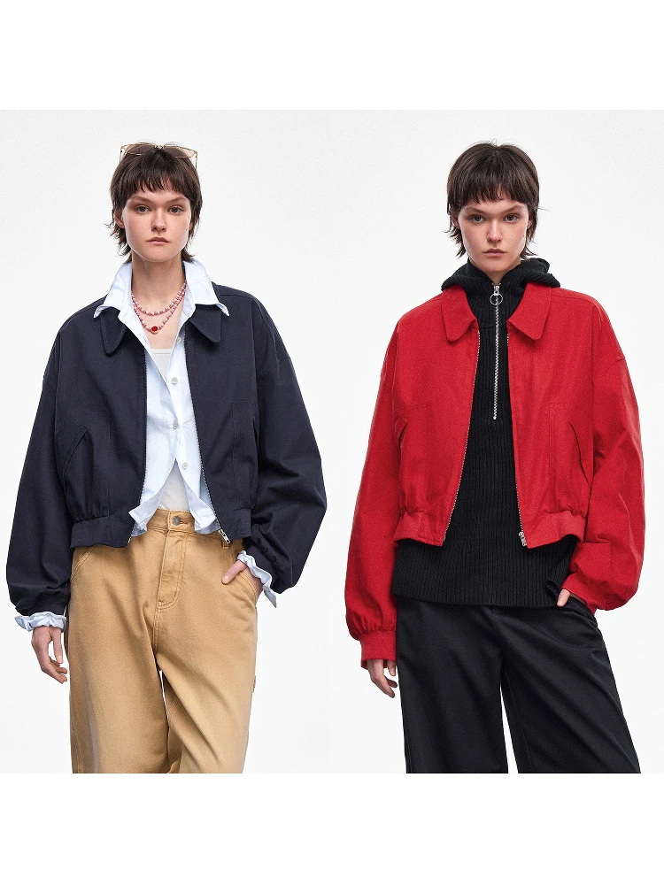 

Hua Ji Yan Red Blue CP Cotton Canvas Floing Proc Stand Collar Loose Fit ort Baseball Jaet for Women Commute Sle Zi...