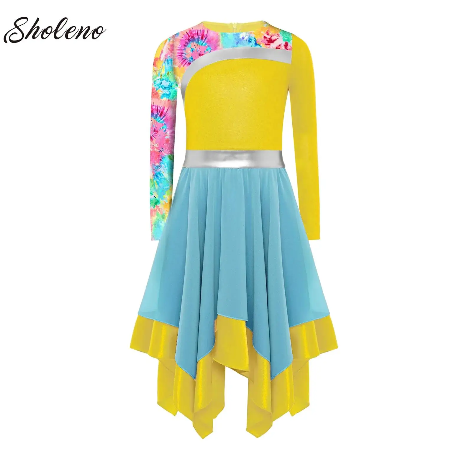 

Girls Ballet Dance Tutu Praise Dance Dress Loose Irregular Hem Long Sleeve Worship Liturgical Contemporary Church Stage Costume