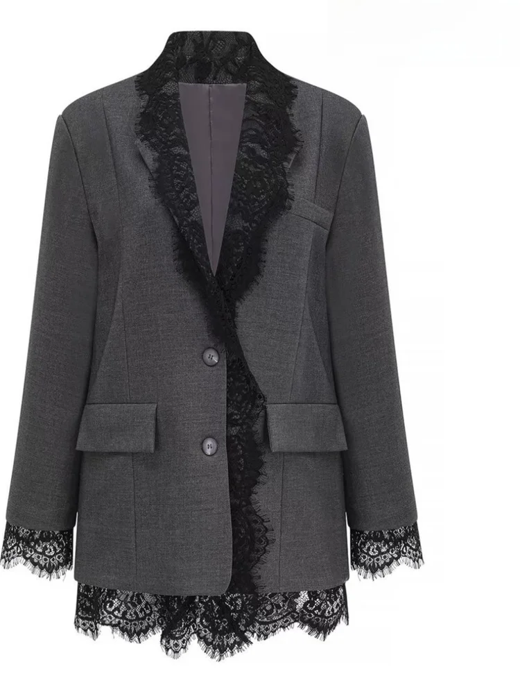 

Gray Lace Trimmed Embroidered Shoulder Padded Midi Suit Jacket Women's Commute Style Loose Fit Long Sleeve Pure Color Coat