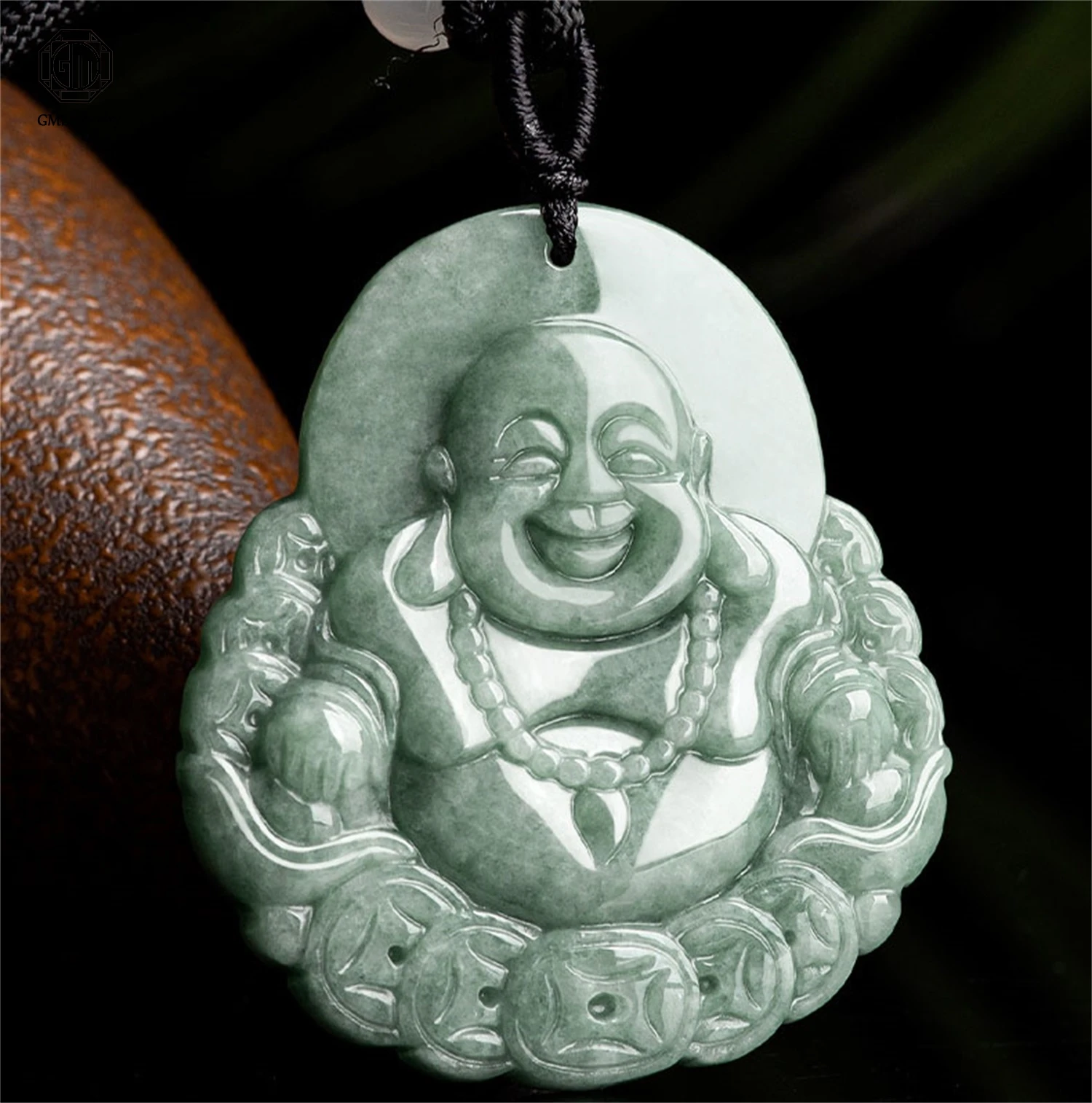 

Natural Type A Jadeite Bean Variety Money Buddha Maitreya Wealth Flow Pendant Unisex for Men Women Jade Hanging Necklace