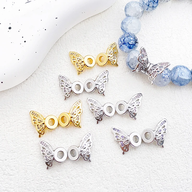 2 pair  Copper plated with genuine gold  Inlaid zircon  Butterfly wing beads  DIY makes necklace bracelet spacing accessories