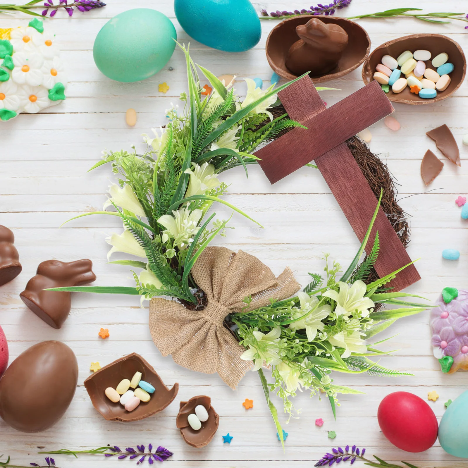 

Wreath Wood Decor Easter Decoration Decor Cross Easter Wreath Door Stair Railing Hanging Plastic nament