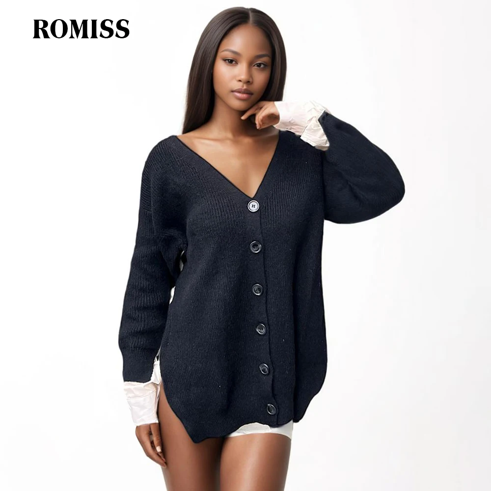 

ROMISS Hit Color Sweater For Women V Neck Long Sleeve Patchwork Single Breasted Casual Knitting Sweaters Female Autumn New