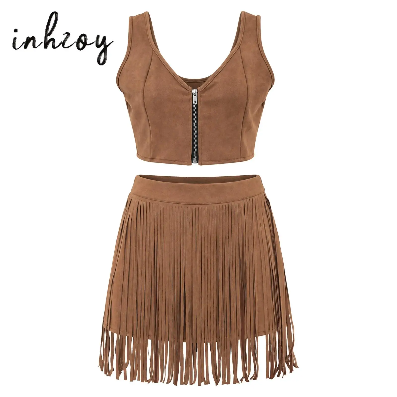 Women Retro Western Cowgirl Outfit V Neck Front Zipper Crop Tank Top and High Waist Fringed Shorts Tassel Culottes Set for Party