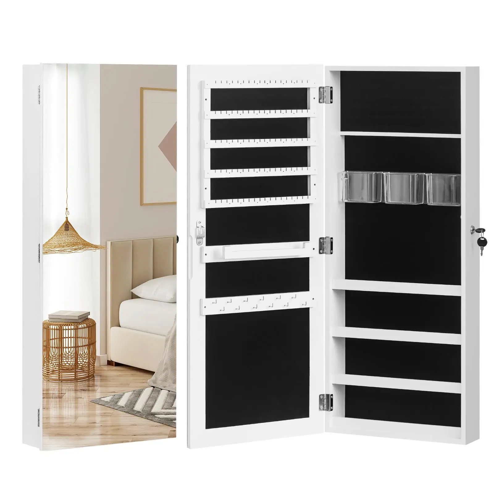 PVC Film Wall-Mounted Jewelry Cabinet with Lock & Mirror - Stylish Home Storage Solution