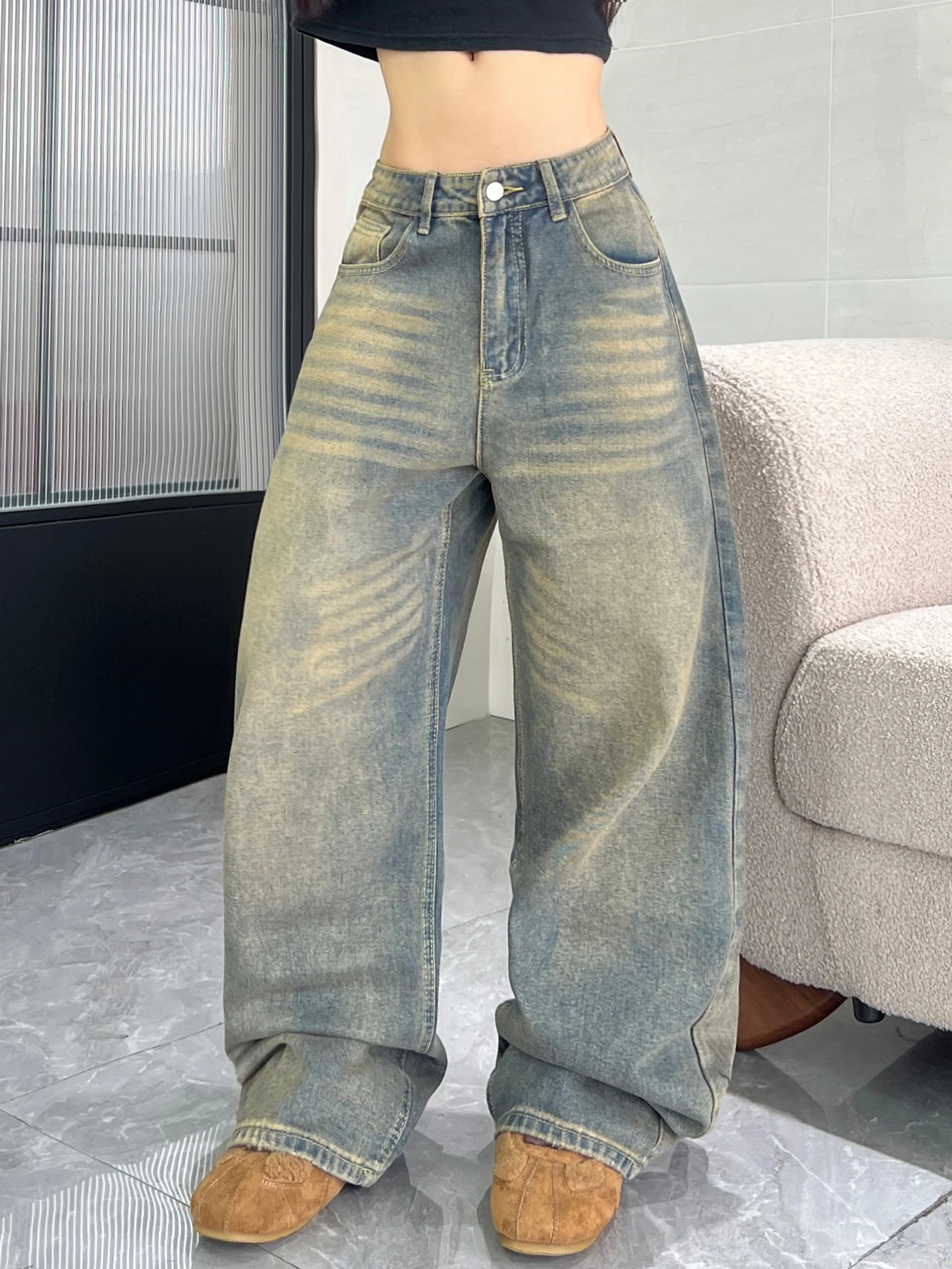 European And American Wide Leg Denim Pants Solid Color Distressed High Street Style High Waist Yellow Mud Gradient Jeans