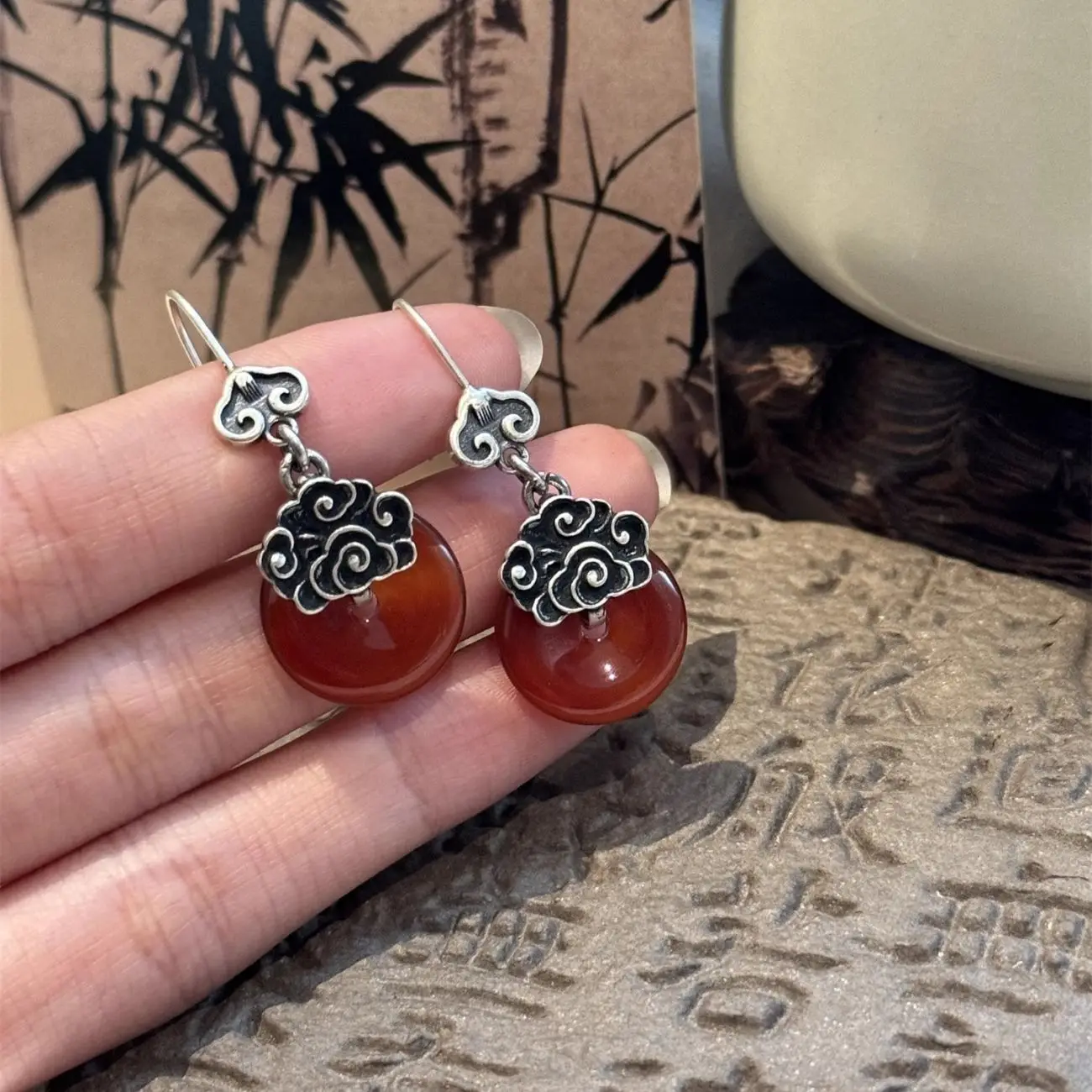 silver 925 southern red tourmaline round earrings for women Embossed auspicious clouds earring ethnic style banquet jewelry