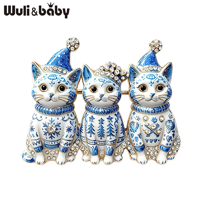 Wuli&baby Drei Weihnachtskatzen-Broschen für Damen, Unisex, schöne Broschen mit Hut, Freunde, Katze, Kätzchen, Neujahrsparty, Broschen, Geschenke