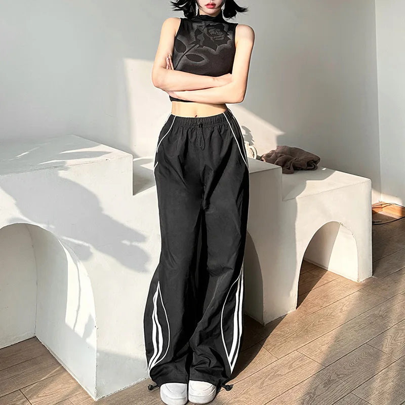 ALLNeon Cyber Y2K High Waist Full Length Straight Pants Casual Sproty Loose Drawstring Pant Women Basic Trousers Goth Streetwear