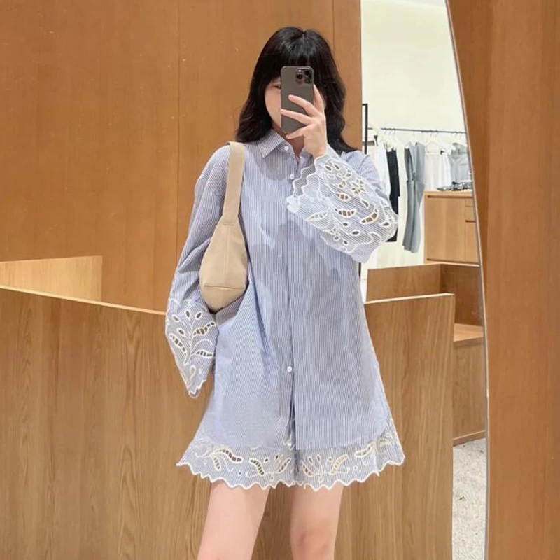 

MaSandeE Summer 2025 Women's Embroidered Hollow out Nautical Striped irt OL Sle Commute Wind Straight Tube Long Sve Bu...