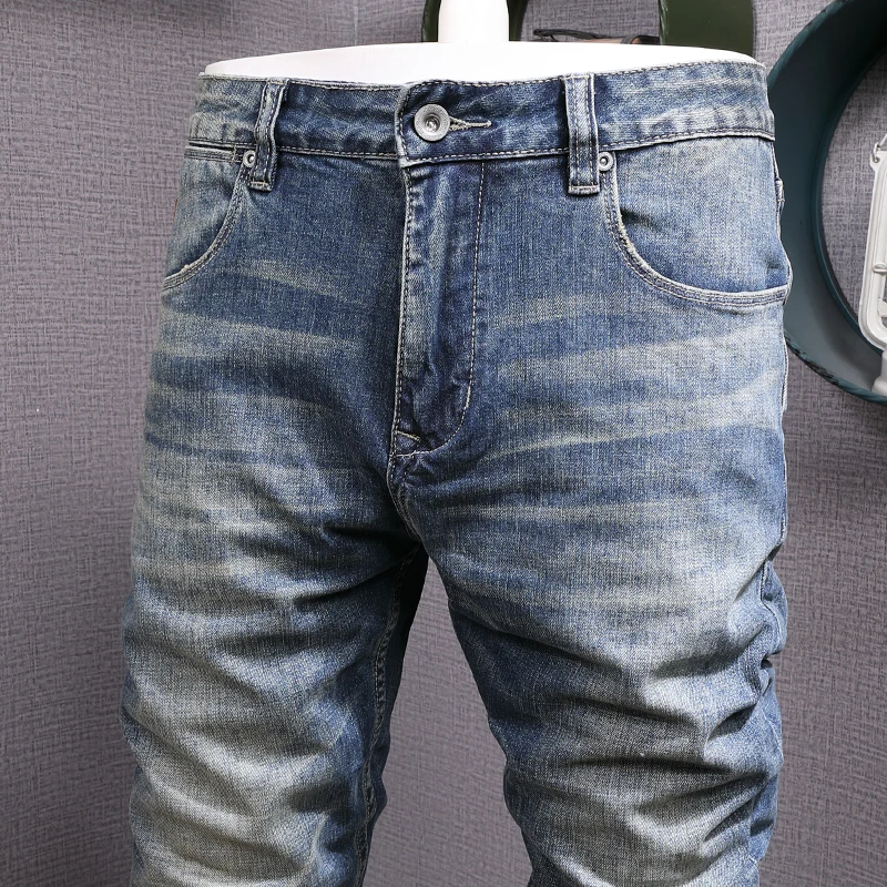 Italian Style Fashion Men Jeans High Quality Retro Blue Elastic Vintage Slim Jeans Men Classical Designer Casual Pants Hombre