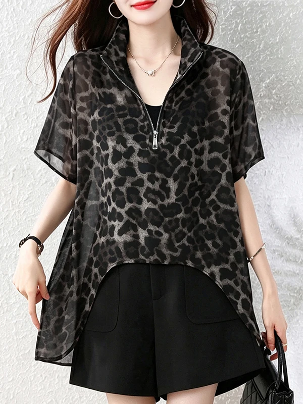 Retro Leopard Print Loose Short Sleeve Women's T-shirt Breathable Summer Lightweight Transparent Feel Casual Fashion Top