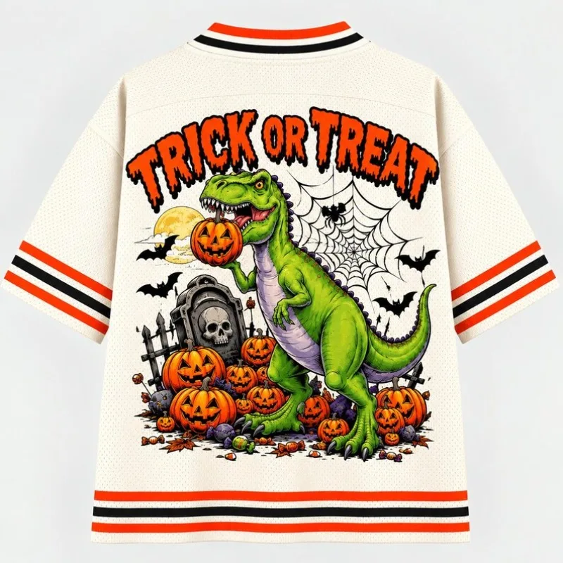 Halloween Mesh V-neck Jersey, Trick or Treat Dinosaur Pumpkin Truck Print Short Sleeved Shirt, Fun Halloween Pattern Top
