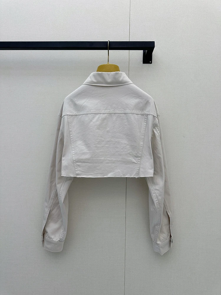 Spring Summer Fashion White Short Style Casual Cowboy Jacket Women's Turn-down Collar Button Pocket Long Sleeve Slim Jackets