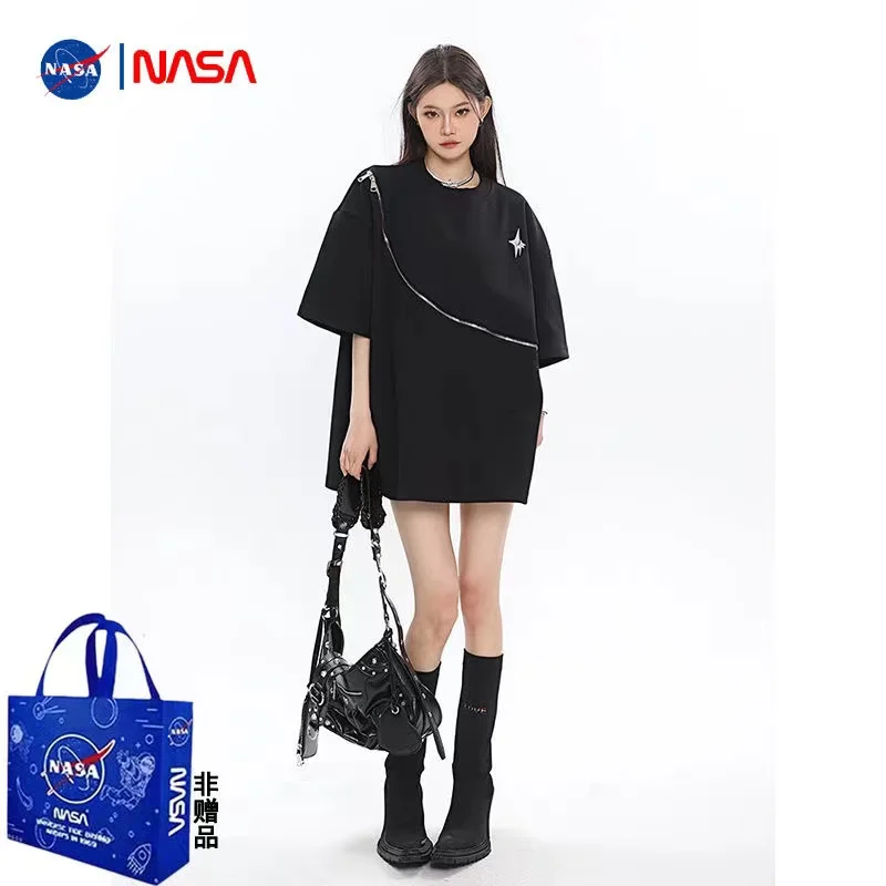 تي شيرت نسائي كبير الحجم بتصميم سحاب ونمط نجمة كاجوال فضفاض بأكمام قصيرة فستان علوي 100% قطن