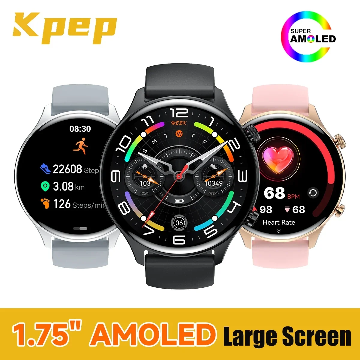 

KPEP Смарт-часы для занятий спортом на открытом воздухе 1,75 дюйма AMOLED с большим экраном Монитор сердечного ритма Bluetooth-вызов IP68 Водонепроницаемые спортивные умные часы