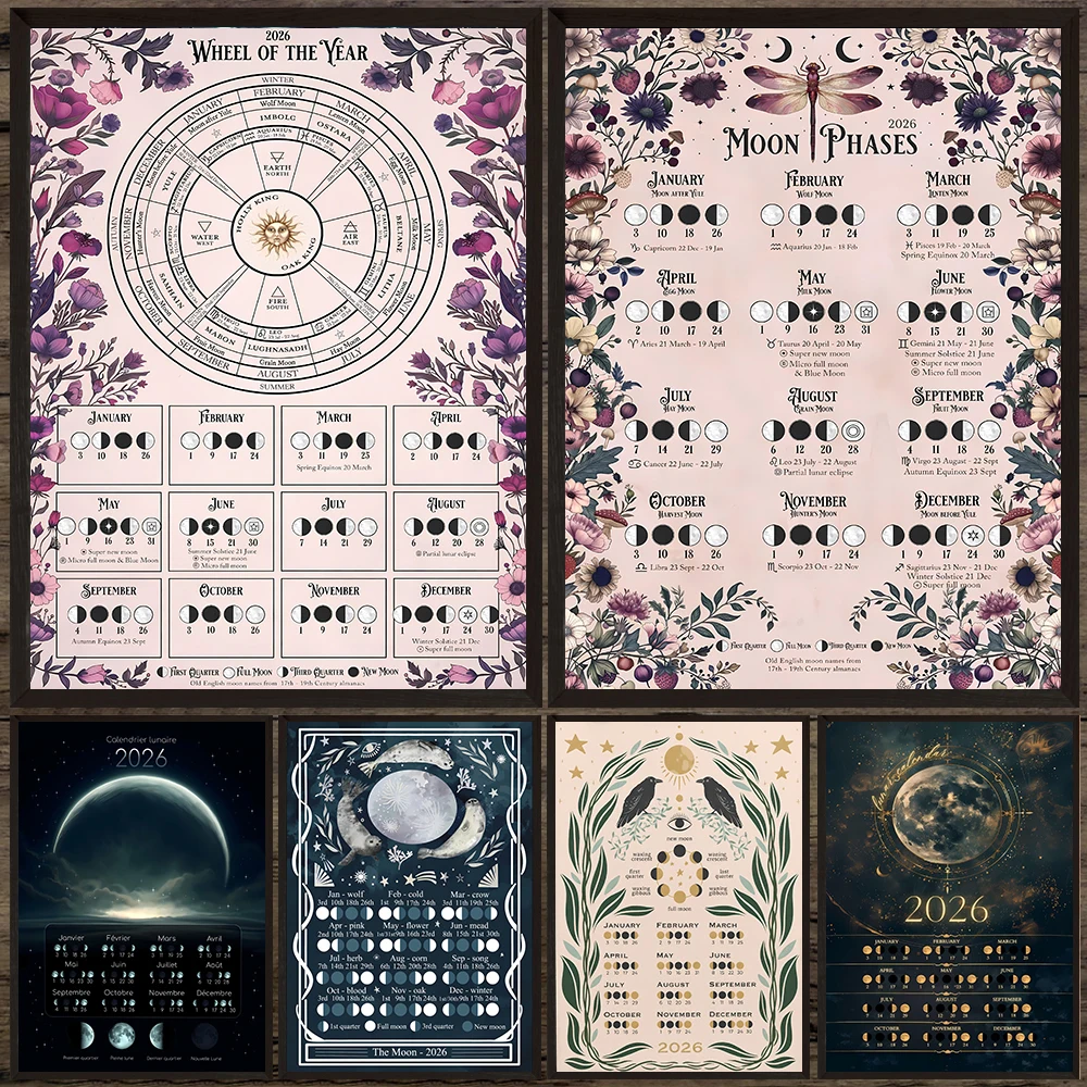 2026 Lunar Calenda Witch Moon Phases Almanac Wall Art Canvas Painting,Magical Lunar Calendar 2026 Art Poster Print Decoration